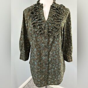 ELLE Women's Floral‎ Cottage Button Down Shirt Ruffle V Neck 3/4 Sleeve Olive M